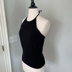 Black Halter Top sweater w fitted waist lined top, tie neck The Limited Backless
